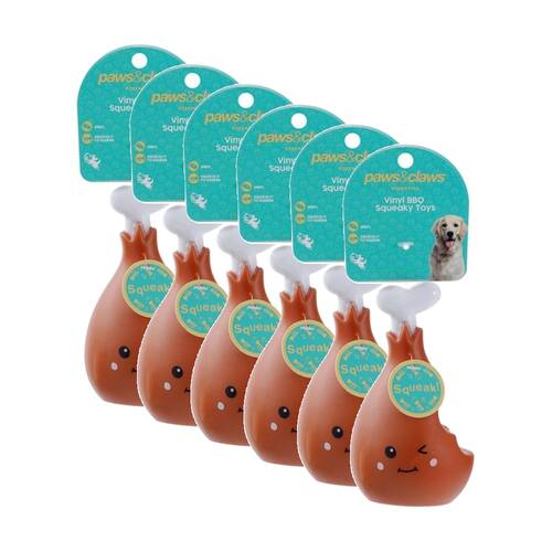 6x Paws And Claws Vinyl Meat Squeaky Dog Interactive Play Chew Toy Assorted