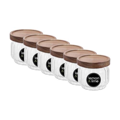 6PK Lemon And Lime Woodend Acacia Glass Jar Reusable Food Container 350ml