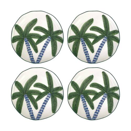 4PK Annabel Trends Coconut Bay Round White Plate W/ Green Palm Trees 20.5cm