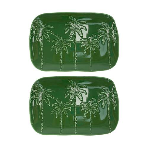 2PK Annabel Trends Coconut Bay Rectangle Green & White Palm Tree Plate 7.5x8cm