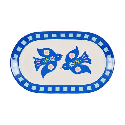 Annabel Trends Blue & White Ceramic Serving Platter W/ Fiesta Birds 40.5x22.5cm