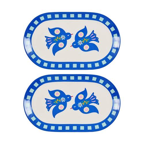 2PK Annabel Trends Blue & White Serving Platter W/ Fiesta Birds 40.5x22.5cm