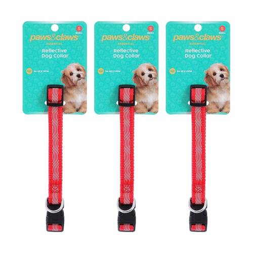 3PK Paws And Claws Reflective Pet Dog Collar Assorted Small 34-45x1.5cm