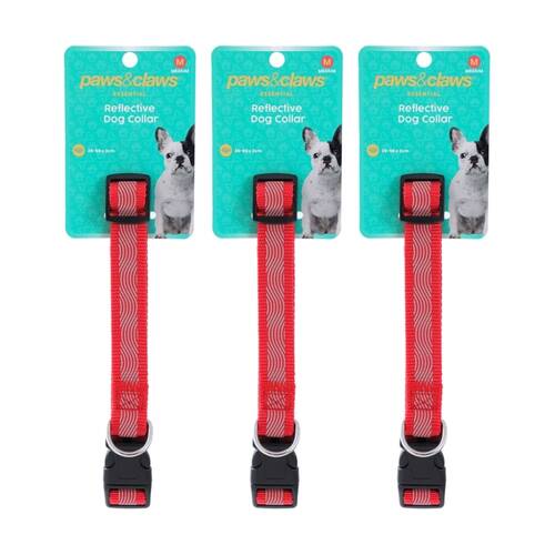3PK Paws And Claws Reflective Pet Dog Collar Assorted Medium 35-50cm X 2cm