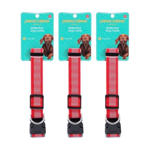 3PK Paws And Claws Reflective Pet Dog Collar Assorted Large 45-65cmx2.5cm