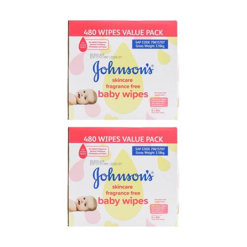 2x 480pc Johnson's Skincare Baby Wipes Value Pack Fragrance Free