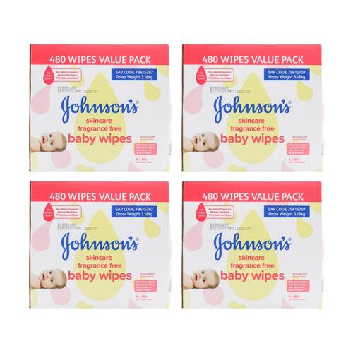 4x 480pc Johnson's Skincare Baby Wipes Value Pack Fragrance Free