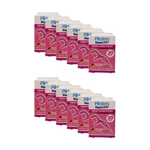 12x 20pc Piksters Twin Floss Picks Supa Grip Dental Oral Care Watermelon Flavour