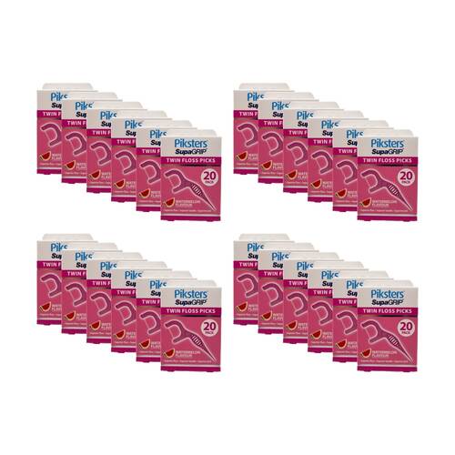 24x 20pc Piksters Twin Floss Picks Supa Grip Dental Oral Care Watermelon Flavour