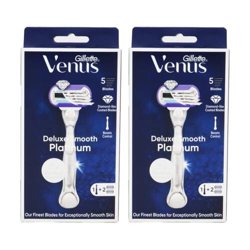 2PK Gillette Razor Venus Deluxe Smooth Platinum With 1 Handle Plus 2 Cartridges