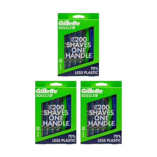 3x 20pc Gillette Solo3 Disposable Shaving Razors W/ Reusable Handle Blue