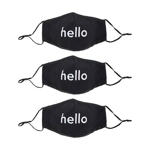 3PK Annabel Trends Reusable Hello Face Mask W/ Adjustable Ear Straps Black