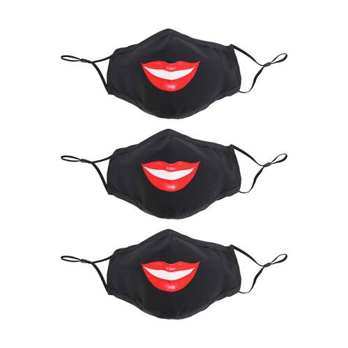 3PK Annabel Trends Reusable Lips Face Mask W/ Adjustable Ear Straps Black