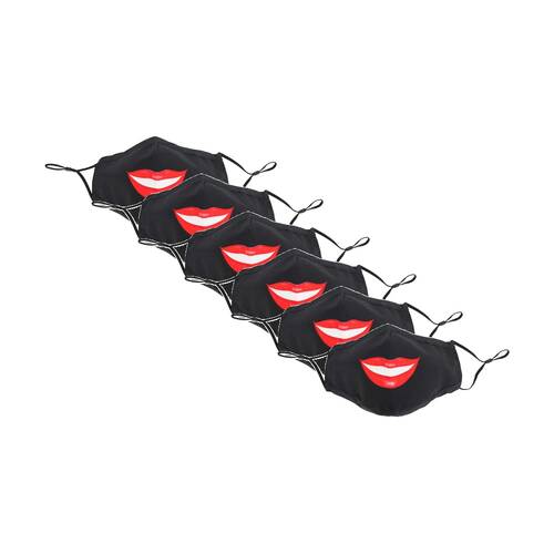 6PK Annabel Trends Reusable Lips Face Mask W/ Adjustable Ear Straps Black