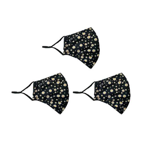 3PK Annabel Trends Reusable Face Mask W/ Adjustable Ear Straps Black Daisy Print