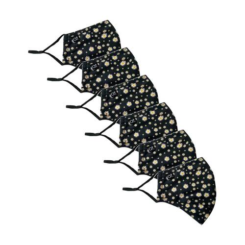 6PK Annabel Trends Reusable Face Mask W/ Adjustable Ear Straps Black Daisy Print