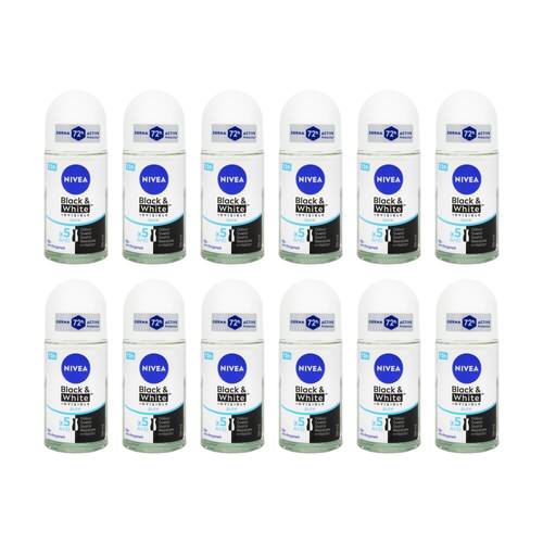 12PK Nivea Antiperspirant Roll On Deodorant Derma 72H Black White Invisible 50ml