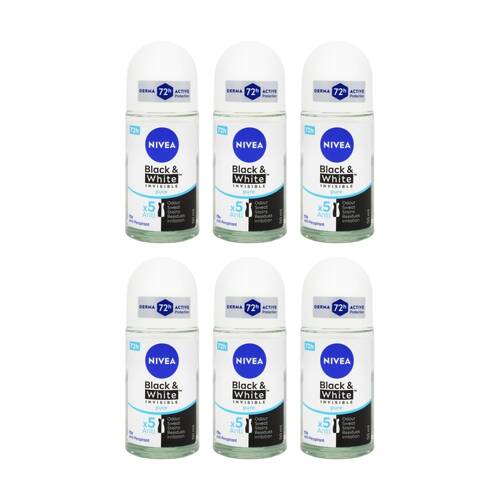 6PK Nivea Antiperspirant Roll On Deodorant Derma 72H Black White Invisible 50ml