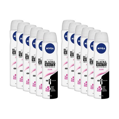 12PK Nivea Women's Antiperspirant Deodorant Aerosol 250mL Invisible Blk & Wh