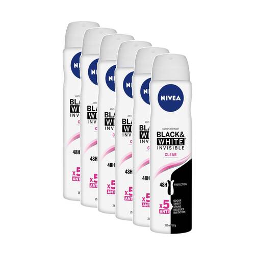 6PK Nivea Women's Antiperspirant Deodorant Aerosol 250mL Invisible Blk & Wh