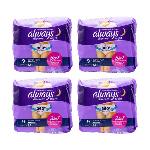 4x 9pc Always Discreet 3-In-1 Sensitive Bladder Plus Pants AU 10-16 Medium