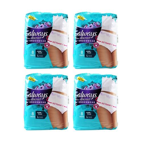 4x 8pc Always Discreet Rapid Dry Underwear Plus Set EU 44-54 UK 16-22 Large