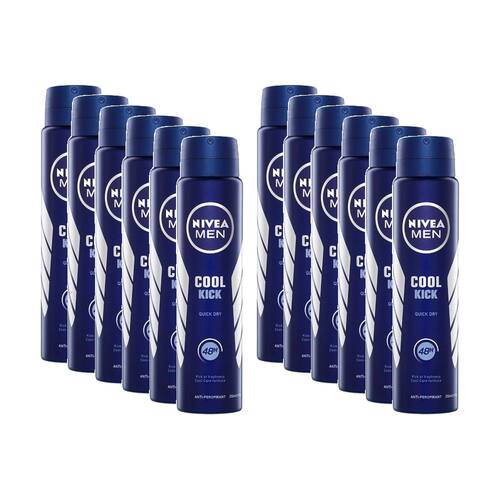 12PK Nivea Men's Antiperspirant Deodorant Aerosol 250mL Cool Kick