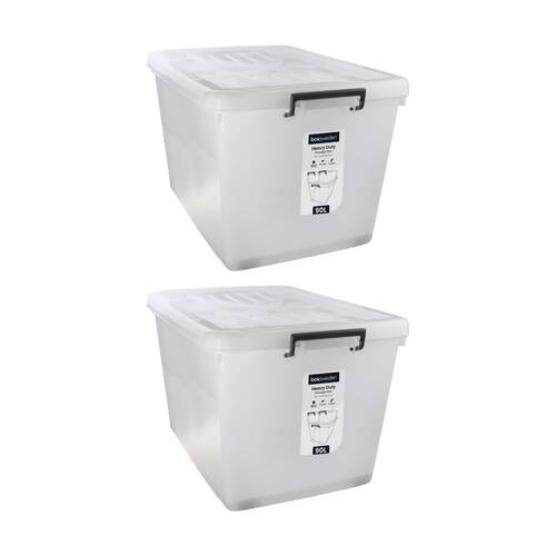 2x Boxsweden Heavy Duty Organisation Storage Box W/ Wheels Clear 90L