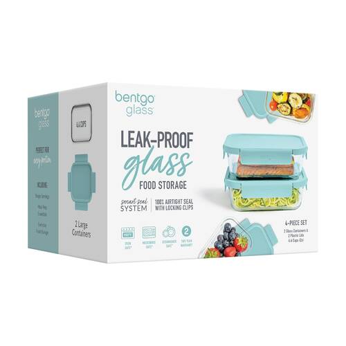 2pc Bentgo Rectangle Leakproof Glass Food Container With Lids Set Soft Aqua