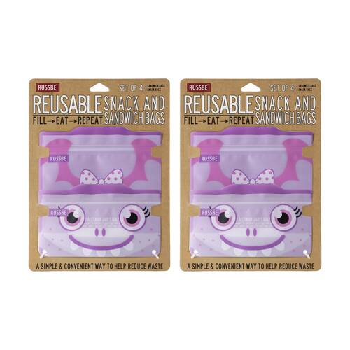 2x 4pc Russbe Reusable Locking Seal Snack Sandwich Bags Set Purple Monster