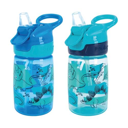 2pc Nuby Incredible Gulp Kids Water Bottle Dinosaur Print 360ml Blue 18m+