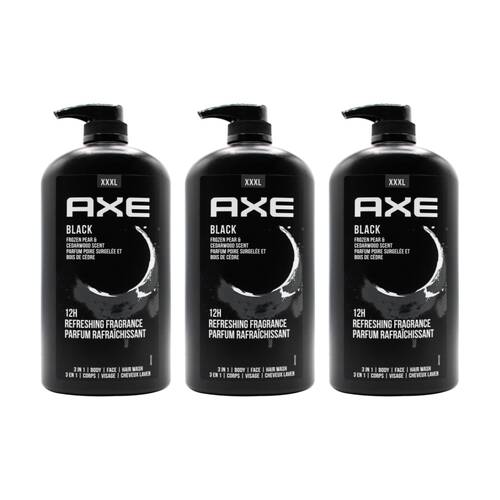 3PK Axe Men's 3 In 1 Face Hair Body Wash Black Frozen Pear & Cedarwood 1L