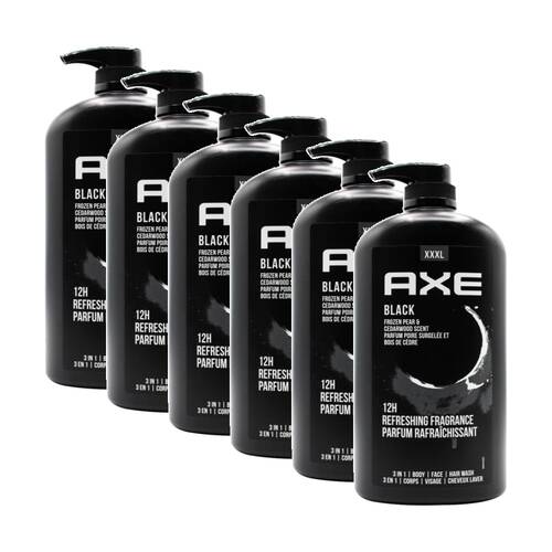6PK Axe Men's 3 In 1 Face Hair Body Wash Black Frozen Pear & Cedarwood 1L