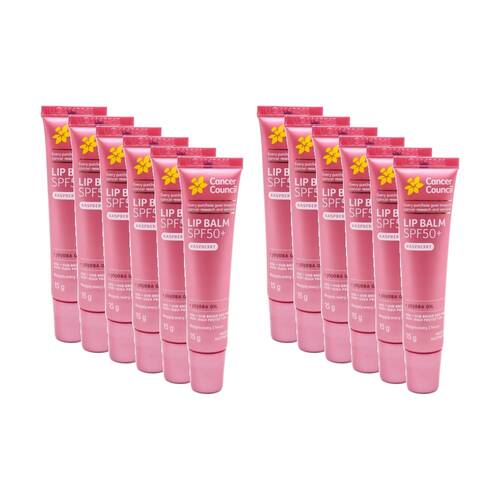 12PK Cancer Council Lip Balm SPF50+ Raspberry With Jojoba Oil 15g