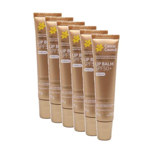 6PK Cancer Council Lip Balm SPF50+ Vanilla With Jojoba Oil 15g