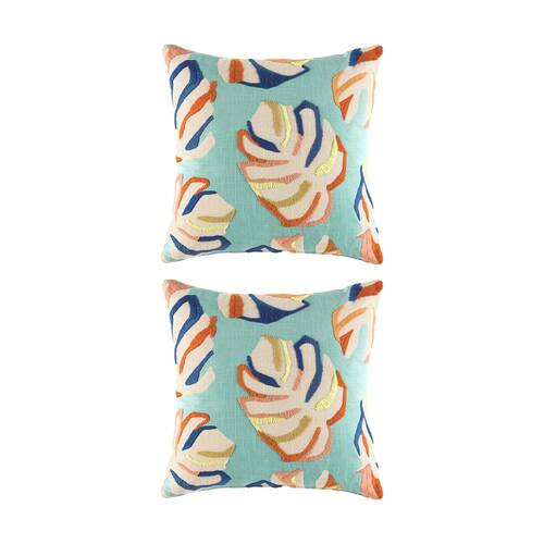 2PK Kas Australia Rio Cushion Cotton Embroidered Leaf Multi 50x50cm