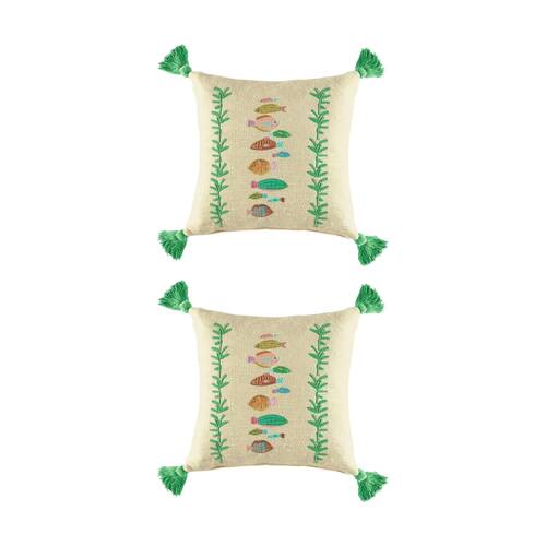 2PK Kas Australia Ceres Cushion Cotton Embroidered Fish Multi 50x50cm