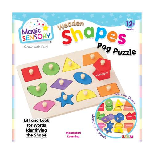 12pc Magic Sensory Wooden Shape Match Pin Puzzle Educational Toy 12m+