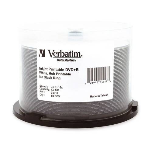 50pc VERBATIM DVD+R White Wide Inkjet 16x Speed Blank Discs 4.7GB