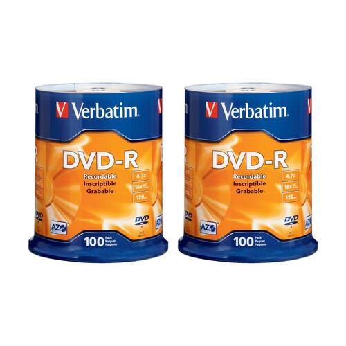 2 x 100pc VERBATIM DVD-R Spindle 16x Speed Blank Discs 4.7GB/120min