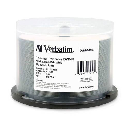 50pc VERBATIM DVD-R White Wide Thermal 16x Speed Blank Discs 4.7GB