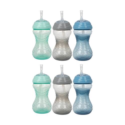 2x 3pc Nuby No Spill Flexi-Straw Gripper Cup Kid Drink Bottle 300ml Neutral 12m+