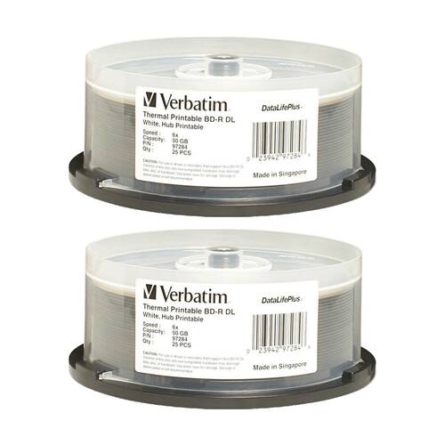 2 x 25pc VERBATIM BD-R DL Spindle White Wide Thermal 6x Blank Disc 50GB