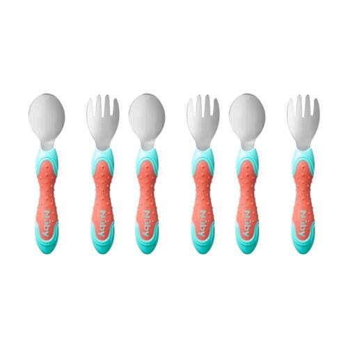 3x 2pc Nuby Stainless Steel Fork & Spoon Set Easy Grip Multicolour 12m+