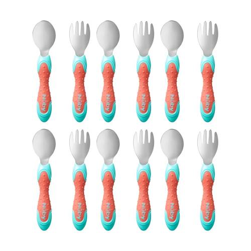 6x 2pc Nuby Stainless Steel Fork & Spoon Set Easy Grip Multicolour 12m+