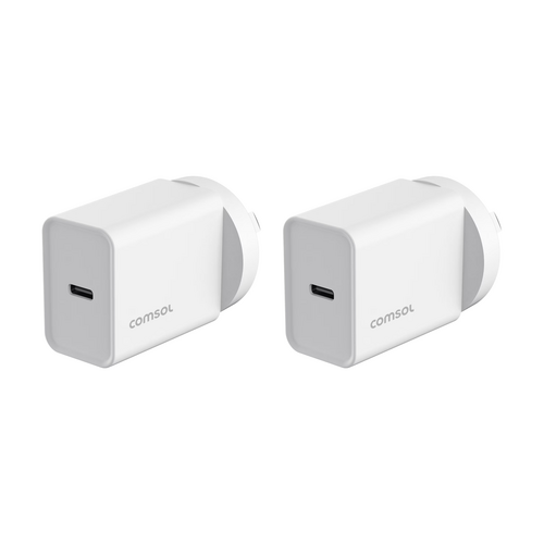 2PK Comsol USB-C Wall Fast Charge Compact Universal Charger White 20W