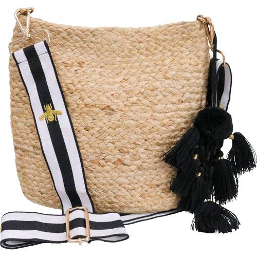 LVD Jute Women Tote W/ Black/White Stripe Bee Cross Body Strap 30x10x27cm