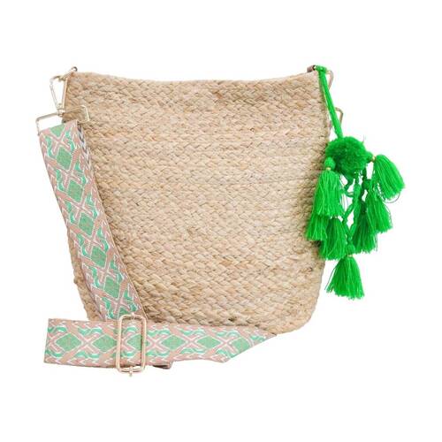 LVD Jute Women Tote Handbag W/ Green Cross Body Strap 30x10x27cm
