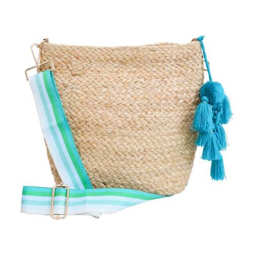LVD Jute Women Tote Handbag W/ Aqua Cross Body Strap 30x10x27cm