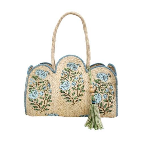 LVD Womens Marcella Blue Flowers Jute Scallop Handbag 40x13x30cm